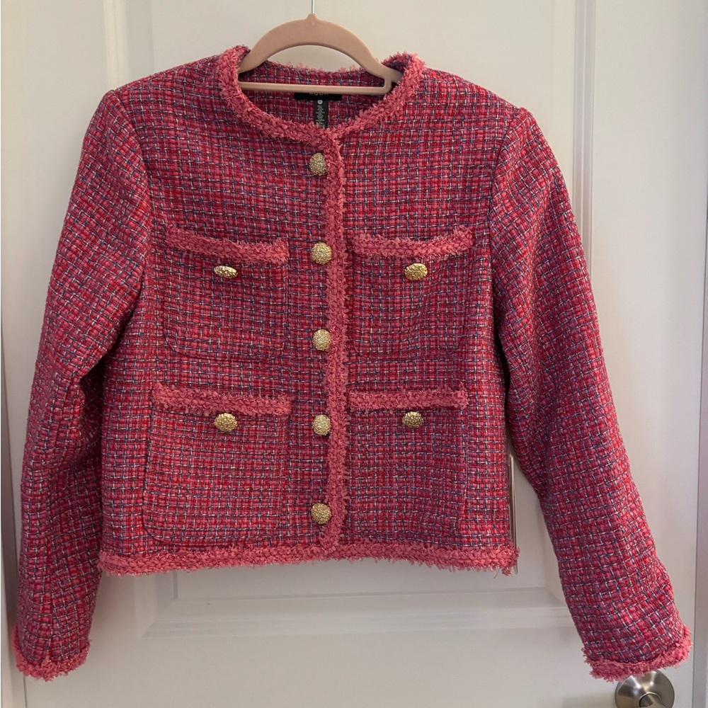 Bloomingdale's Vibrant Pink Tweed Jacket with Gold Accents